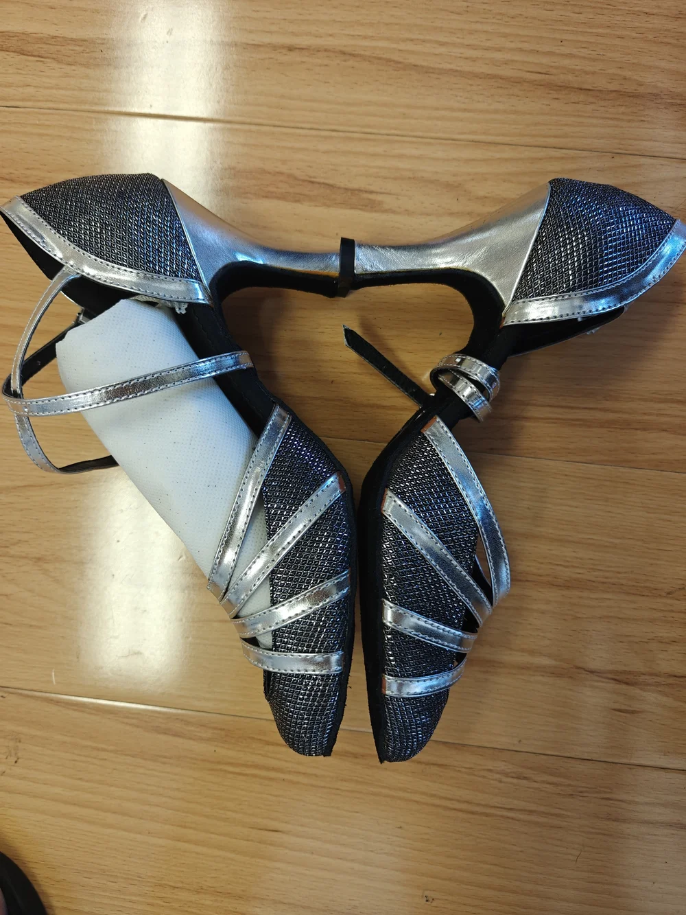 Women's Silver and Black Strappy Ballroom Heels